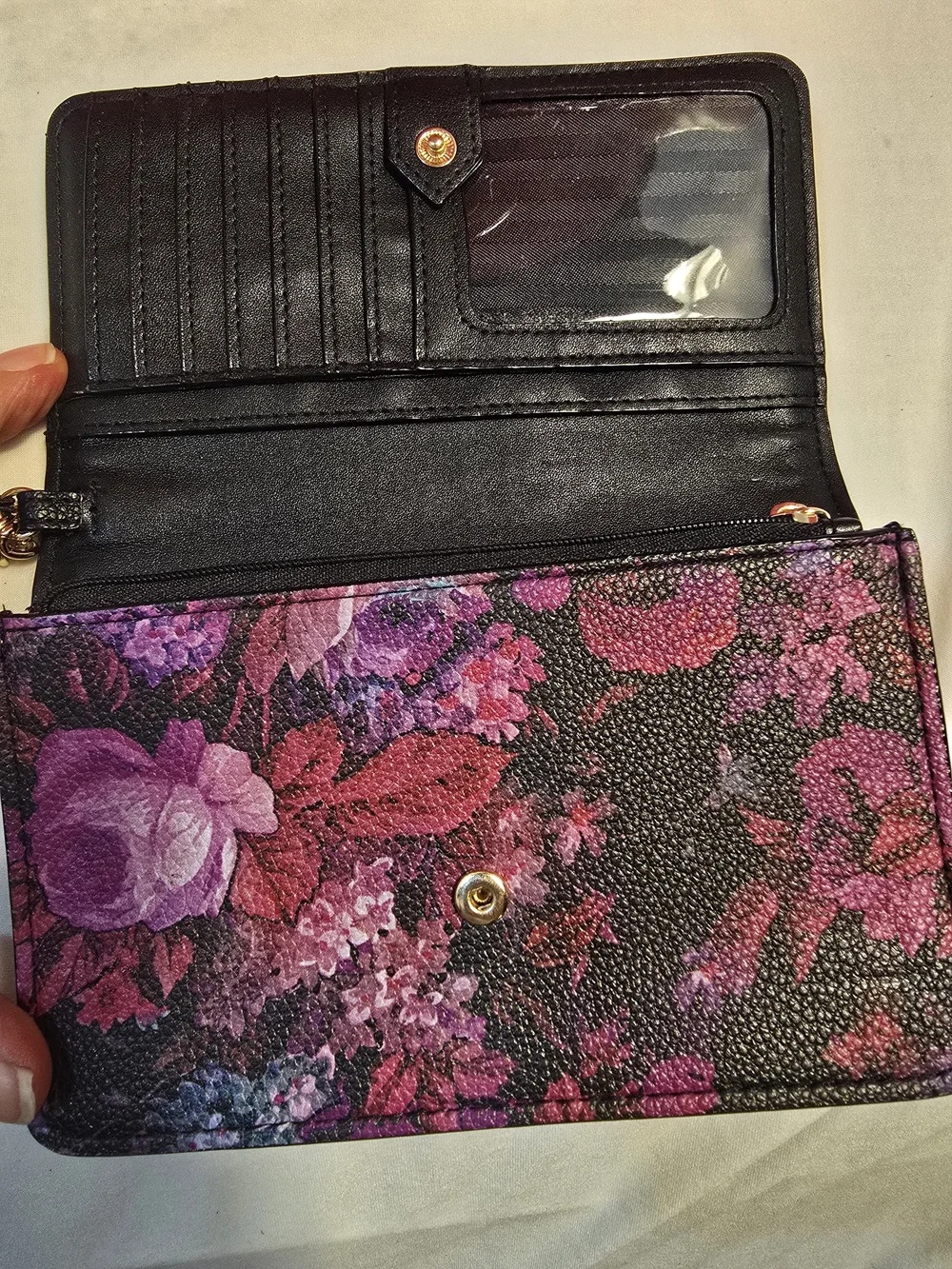 Victoria's Secret Black Floral Wristlet Wallet with Pink & Purple Flowers - Picture 4 of 6